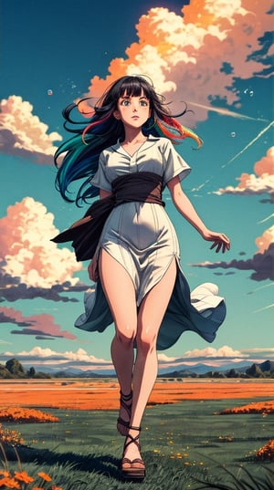 ((masterpiece)), (best quality), (cinematic), a woman in a long white dress, running through an open field, long black hair, bangs, chubby, wide hips, full body, green eyes, freckles on cheeks, wind, detailed face, detailed body, red and orange sky, glow, clouds, vegetation, green plains, floating bubbles, (cinematic, colorful), vast field, (extremely detailed), inspired by Studio Ghibli, EpicSky, cloud, sky, highly detailed, detailed face