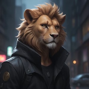 award winning beautiful portrait commission of a male furry anthro  lion fursona with a tail and a cute beautiful attractive detailed furry face wearing stylish black cyberpunk clothes in a cyberpunk city at night while it rains. Character design by charlie bowater, ross tran, artgerm, and makoto shinkai, detailed, inked, western comic book art