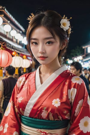 cute japanese girl on asummer festival night market wearing traditiuonal japaness dress looking gently at the veiwer , her flawless face resembles the pale red moon , her face glows on  as the light of street lamp  a potrait of a beautiful young women 