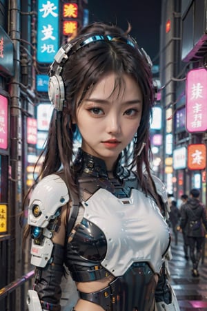 a cute japanese girl in cyberpunk style , futuristic look,in a metaverse ,her flawless beauty attracts the veiwer ,beautiful structure with a beautiful pose 