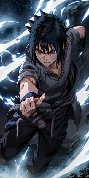 "Sasuke Uchiha channels lightning chakra into his hand, forming the formidable Chidori. The air crackles with energy as he prepares to unleash this powerful jutsu. Capture the intensity and focus in an image of Sasuke wielding the Chidori with precision and determination."