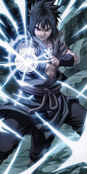 "Sasuke Uchiha channels lightning chakra into his hand, forming the formidable Chidori. The air crackles with energy as he prepares to unleash this powerful jutsu. Capture the intensity and focus in an image of Sasuke wielding the Chidori with precision and determination."