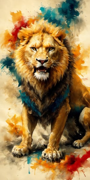 full-body picture .Generate hyper realistic image of an ancient scroll featuring an ink wash painting of a lion, surrounded by traditional brushstroke elements, creating an evocative piece reminiscent of classical Asian art, Movie Poster,Movie Poster, sharp focus, intense colors, vibrant colors, chromatic aberration,MoviePosterAF, UHD, 8K,oil paint,painting