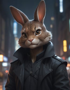 award winning beautiful portrait commission of a male furry anthro Bunny fursona with a tail and a cute beautiful attractive detailed furry face wearing stylish black cyberpunk clothes in a cyberpunk city at night while it rains. Character design by charlie bowater, ross tran, artgerm, and makoto shinkai, detailed, inked, western comic book art