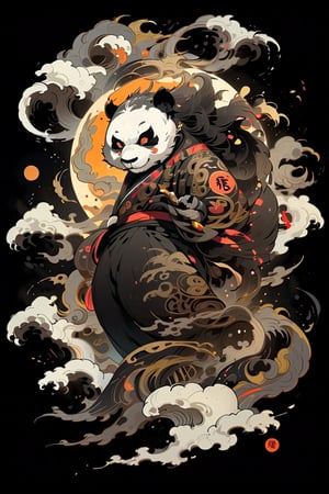 A beautifully drawn (((vintage t-shirt print))), featuring intricate ((retro-inspired typography)) encircling a (((sumi-e ink illustration))) depicting panda, integrating elements of Japanese calligraphy  with black back ground
,MeganFox