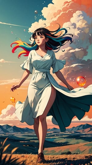 ((masterpiece)), (best quality), (cinematic), a woman in a long white dress, running through an open field, long black hair, bangs, chubby, wide hips, full body, green eyes, freckles on cheeks, wind, detailed face, detailed body, red and orange sky, glow, clouds, vegetation, green plains, floating bubbles, (cinematic, colorful), vast field, (extremely detailed), inspired by Studio Ghibli, EpicSky, cloud, sky, highly detailed, detailed face