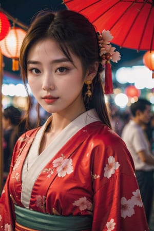 cute japanese girl on asummer festival night market wearing traditiuonal japaness dress looking gently at the veiwer , her flawless face resembles the pale red moon , her face glows on  as the light of street lamp  a potrait of a beautiful young women 