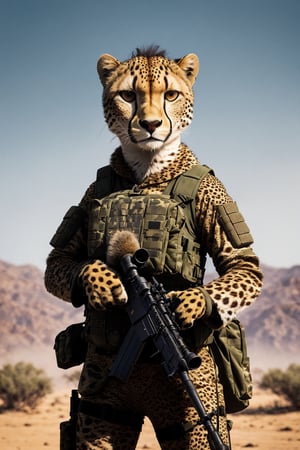 Clever cheetah wearing camouflage and sniper gear, holding a sniper rifle, anthropomorphic, super detail, ultra hd, 8k, real life, maximum facial detail, cinematic lighting 