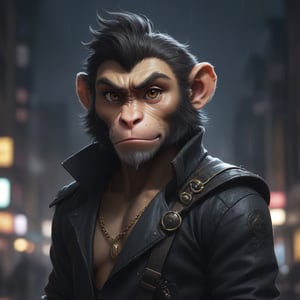 award winning beautiful portrait commission of a male furry anthro monkey king fursona with a tail and a cute beautiful attractive detailed furry face wearing stylish black cyberpunk clothes in a cyberpunk city at night while it rains. Character design by charlie bowater, ross tran, artgerm, and makoto shinkai, detailed, inked, western comic book art