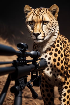 Clever cheetah wearing camouflage and sniper gear, holding a sniper rifle, anthropomorphic, super detail, ultra hd, 8k, real life, maximum facial detail, cinematic lighting 