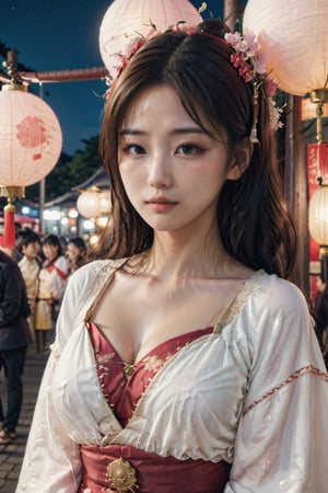 cute japanese girl on asummer festival night market wearing traditiuonal japaness dress looking gently at the veiwer , her flawless face resembles the pale red moon , her face glows on  as the light of street lap reaches her , a potrait of a beautiful young women 