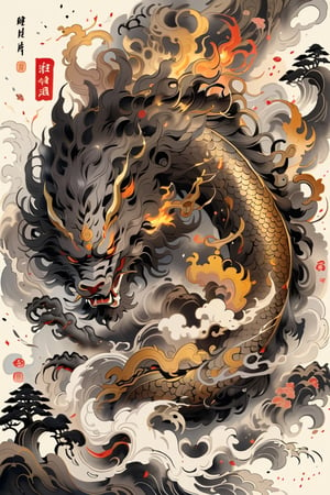 A beautifully drawn (((sumi-e ink illustration))) depictinga golden dragon that throws fire
