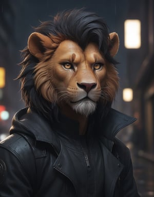 award winning beautiful portrait commission of a male furry anthro  lion fursona with a tail and a cute beautiful attractive detailed furry face wearing stylish black cyberpunk clothes in a cyberpunk city at night while it rains. Character design by charlie bowater, ross tran, artgerm, and makoto shinkai, detailed, inked, western comic book art