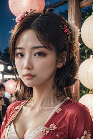 cute japanese girl on asummer festival night market wearing traditiuonal japaness dress looking gently at the veiwer , her flawless face resembles the pale red moon , her face glows on  as the light of street lap reaches her , a potrait of a beautiful young women 