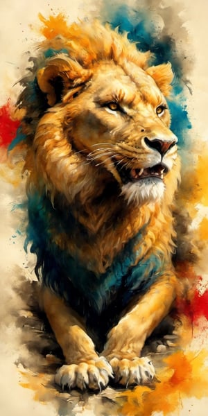 full-body picture .Generate hyper realistic image of an ancient scroll featuring an ink wash painting of a lion, surrounded by traditional brushstroke elements, creating an evocative piece reminiscent of classical Asian art, Movie Poster,Movie Poster, sharp focus, intense colors, vibrant colors, chromatic aberration,MoviePosterAF, UHD, 8K,oil paint,painting