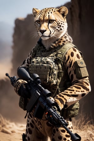 Clever cheetah wearing camouflage and sniper gear, holding a sniper rifle, anthropomorphic, super detail, ultra hd, 8k, real life, maximum facial detail, cinematic lighting 