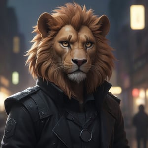 award winning beautiful portrait commission of a male furry anthro  lion fursona with a tail and a cute beautiful attractive detailed furry face wearing stylish black cyberpunk clothes in a cyberpunk city at night while it rains. Character design by charlie bowater, ross tran, artgerm, and makoto shinkai, detailed, inked, western comic book art