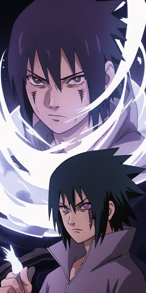 high quality potrait of sasuke uchiha with exposed curse marks and his sharingan eyes directly conract with the veiwer ,purple clour susano behind him ,high detail