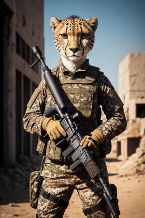 Clever cheetah wearing camouflage and sniper gear, holding a sniper rifle, anthropomorphic, super detail, ultra hd, 8k, real life, maximum facial detail, cinematic lighting 