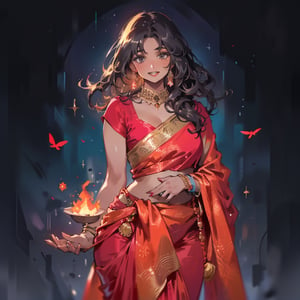 ultra realistic, dynamic lighting, beautiful, mature, attractive, 1 indian woman, 30 years old, red saree, cute, hot, sexy, tiny breasts, plump waist, pear body, thick thighs, smiling, long black_hair, colorful hair, warm, romantic, drop earrings, smart watch, dark background, enhance picture, photo, volumetric lighting, ambience, contrast, perfect lips, perfect hands