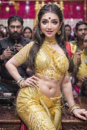 ultra realistic, dynamic lighting, beautiful, mature, attractive, indian woman, 40 years old, cute, hot, sexy, tiny breasts, plump waist, hourglass figure, pear body, thick thighs, smiling, long black_hair, colorful hair, warm, romantic, drop earrings, red salwar suit, smart watch, gold jewellery, gold bangles