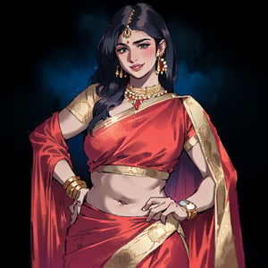 ultra realistic, dynamic lighting, beautiful, mature, attractive, 1 indian woman, 30 years old, red saree, cute, hot, sexy, tiny breasts, plump waist, pear body, thick thighs, smiling, long black_hair, colorful hair, warm, romantic, drop earrings, smart watch, dark background, enhance picture, photo, volumetric lighting, ambience, contrast, perfect lips, perfect hands