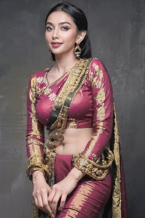 ultra realistic, dynamic lighting, beautiful, mature, attractive, indian woman, 30 years old, cute, hot, sexy, tiny breasts, plump waist, pear body, thick thighs, smiling, long black_hair, colorful hair, warm, romantic, drop earrings, red salwar suit, smart watch, gold jewellery, gold bangles, dress emphasizing her figure, dark background, enhance picture, photo, shading, volume, ambience 
