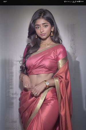 ultra realistic, dynamic lighting, beautiful, mature, attractive, 1 indian woman, 30 years old, red saree, cute, hot, sexy, tiny breasts, plump waist, pear body, thick thighs, smiling, long black_hair, colorful hair, warm, romantic, drop earrings, smart watch, dark background, enhance picture, photo, volumetric lighting, ambience, contrast 