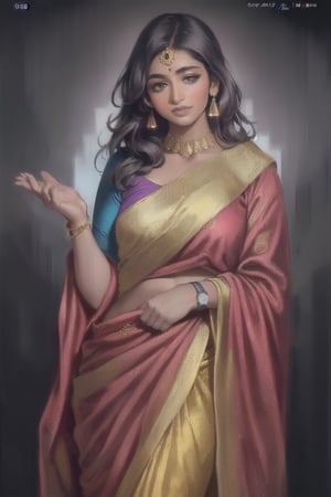 ultra realistic, dynamic lighting, beautiful, mature, attractive, 1 indian woman, 30 years old, red saree, cute, hot, sexy, tiny breasts, plump waist, pear body, thick thighs, smiling, long black_hair, colorful hair, warm, romantic, drop earrings, smart watch, dark background, enhance picture, photo, volumetric lighting, ambience, contrast, perfect lips, perfect hands