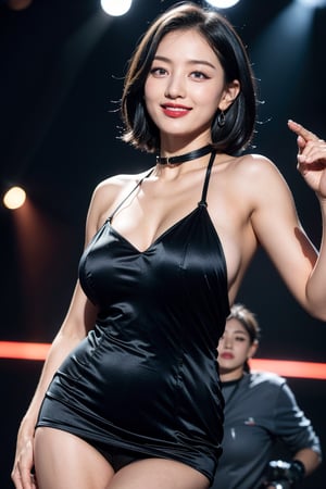 1girl, 8k, high_resolution, best quality, standing, stage, on stage, performing, concert, crowds in the background, facing front, smiling, proportional eyes, cowboy_shot, 18+, perfect, (from front), looking_at_camera, front, masterpiece, huge_breasts, thick thighs, short_hair, black_hair, red_lipstick, choker, black_dress, Jihyo