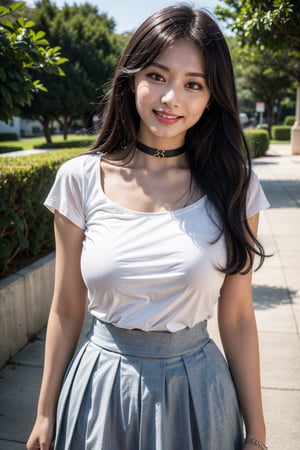 1girl, 8k, high_resolution, best quality, standing, facing front, smiling, proportional eyes, 18+, perfect, (from front), looking_at_viewer, front, masterpiece, huge_breasts, thick thighs, straight_hair, bangs, choker, outdoors, Tzuyu, t-shirt, pleated_skirt