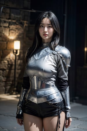 1girl, 8k, high_resolution, best quality, standing, ((facing front)), face focus, cinematic lighting, cinematic background, inside castle, proportional eyes, perfect, (from front), looking_at_camera, medieval armor, black metal parts, front, masterpiece, thick thighs, gigantic_breasts, (((white_hair))), short_hair, asian girl, knight, armor, pauldron, momo