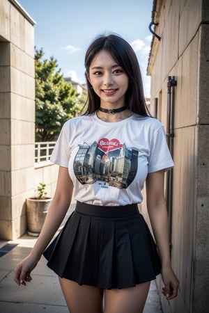 1girl, 8k, high_resolution, best quality, standing, facing front, smiling, proportional eyes, 18+, perfect, (from front), looking_at_viewer, front, masterpiece, huge_breasts, thick thighs, straight_hair, bangs, choker, outdoors, Tzuyu, t-shirt, pleated_skirt