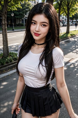 1girl, 8k, high_resolution, best quality, standing, city park, public park, facing front, smiling, proportional eyes, cowboy_shot, 18+, perfect, (from front), looking_at_camera, front, masterpiece, medium_breasts, thick thighs, long_hair, black_hair, (pink_lipstick), choker, ((kneehigh_socks)), pleated_skirt, t-shirt, tight_clothing