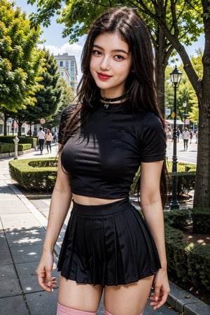 1girl, 8k, high_resolution, best quality, standing, city park, public park, facing front, smiling, proportional eyes, cowboy_shot, 18+, perfect, (from front), looking_at_camera, front, masterpiece, medium_breasts, thick thighs, long_hair, black_hair, (pink_lipstick), choker, ((kneehigh_socks)), pleated_skirt, t-shirt, tight_clothing