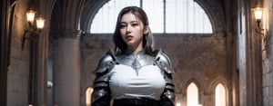 1girl, 8k, high_resolution, best quality, standing, ((facing front)), face focus, cinematic lighting, cinematic background, inside castle, proportional eyes, perfect, (from front), looking_at_camera, medieval armor, black metal parts, front, masterpiece, thick thighs, huge_breasts, gigantic_breasts, (((white_hair))), high_ponytail, Sana, asian girl, knight, armor, pauldron