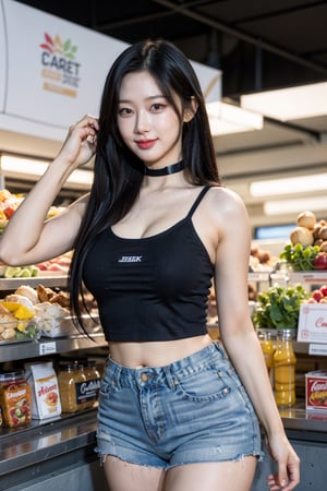 1girl, 8k, high_resolution, best quality, standing, food aisles, market, facing front, smiling, proportional eyes, knee shot, 18+, perfect, (from front), looking_at_camera, front, masterpiece, huge_breasts, thick thighs, straight_hair, bangs, choker, black_tank_top, denim_shorts, cowboy_shot