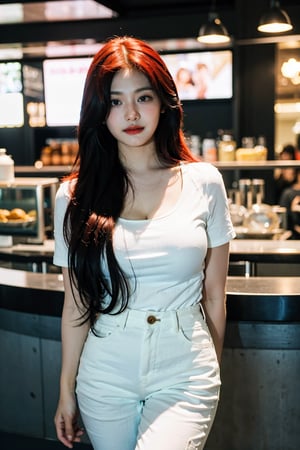 1girl, 8k, high_resolution, best quality, standing, inside cafe, facing front, smilling, proportional eyes, 18+, perfect, (from front), looking_at_camera, front, masterpiece, huge_breasts, thick thighs, straight_hair, ((red_hair)), white_shirt, collared_shirt, cleavage, denim_pants, asian girl