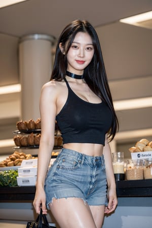 1girl, 8k, high_resolution, best quality, standing, food aisles, market, facing front, smiling, proportional eyes, knee shot, 18+, perfect, (from front), looking_at_camera, front, masterpiece, huge_breasts, thick thighs, straight_hair, bangs, choker, black_tank_top, denim_shorts, cowboy_shot