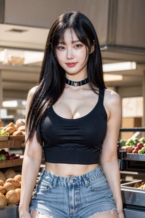 1girl, 8k, high_resolution, best quality, standing, food aisles, market, facing front, smiling, proportional eyes, knee shot, 18+, perfect, (from front), looking_at_camera, front, masterpiece, huge_breasts, thick thighs, straight_hair, bangs, choker, black_tank_top, denim_shorts, cowboy_shot