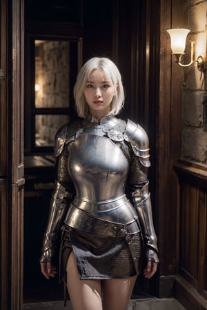 1girl, 8k, high_resolution, best quality, standing, ((facing front)), face focus, cinematic lighting, cinematic background, inside castle, proportional eyes, perfect, (from front), looking_at_camera, medieval armor, black metal parts, front, masterpiece, thick thighs, gigantic_breasts, (((white_hair))), short_hair, asian girl, knight, armor, pauldron, momo