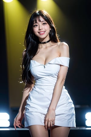 1girl, 8k, high_resolution, best quality, standing, stage, on stage, performing, concert, facing front, smiling, proportional eyes, cowboy_shot, 18+, perfect, (from front), looking_at_camera, front, masterpiece, gigantic_breasts, thick thighs, long_hair, black_hair, bangs, choker, asian girl, ITZY Yuna, off_shoulders, black_dress, cleavage