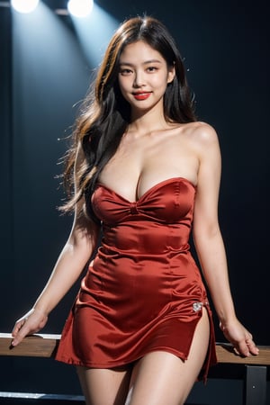 1girl, 8k, high_resolution, best quality, standing, stage, on stage, performing, concert, crowds in the background, facing front, smiling, proportional eyes, 18+, perfect, (from front), looking_at_camera, cowboy_shot, front, masterpiece, huge_breasts, thick thighs, red_lipstick, black_dress, cleavage, 