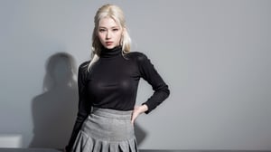 ((1girl)), solo, 8k, high_resolution, best quality, standing, face focus, proportional eyes, perfect, (from front), front, masterpiece, thick thighs, huge_breasts, (((white_hair))), high_ponytail, Sana, asian girl, grey_background, simple_background, turtleneck_sweater, pleated_skirt, plain background