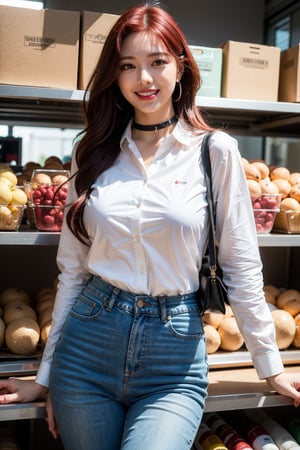 1girl, masterpiece, best quality, ultra-detailed, ultra high res, (photorealistic:1.4), raw photo, (realistic:0.2), 8k HDR, standing, food aisles, market, facing front, smiling, proportional eyes, cowboy_shot, 18+, perfect, (from front), looking_at_camera, front, huge_breasts, thick thighs, wavy_hair, ((red_hair)), bright red hair, choker, pink_lipstick, white_shirt, collared_shirt, blue_jeans, ITZY Yuna