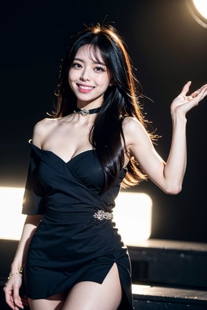 1girl, 8k, high_resolution, best quality, standing, stage, on stage, performing, concert, facing front, smiling, proportional eyes, cowboy_shot, 18+, perfect, (from front), looking_at_camera, front, masterpiece, gigantic_breasts, thick thighs, long_hair, black_hair, bangs, choker, asian girl, ITZY Yuna, off_shoulders, black_dress, cleavage