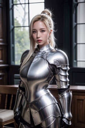 1girl, 8k, high_resolution, best quality, standing, ((facing front)), face focus, cinematic lighting, cinematic background, inside castle, proportional eyes, 18+, perfect, (from front), looking_at_camera, medieval armor, black metal parts, front, masterpiece, thick thighs, huge_breasts, gigantic_breasts, (((white_hair))), high_ponytail, asian girl, knight, armor, pauldron, Mina