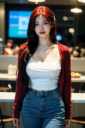 1girl, 8k, high_resolution, best quality, standing, inside cafe, facing front, smilling, proportional eyes, 18+, perfect, (from front), looking_at_camera, front, masterpiece, huge_breasts, thick thighs, straight_hair, ((red_hair)), white_shirt, collared_shirt, cleavage cutout, denim_pants, asian girl