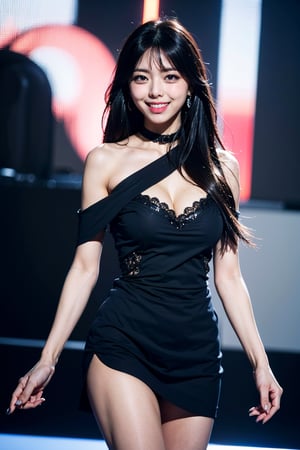 1girl, 8k, high_resolution, best quality, standing, stage, on stage, performing, concert, facing front, smiling, proportional eyes, cowboy_shot, 18+, perfect, (from front), looking_at_camera, front, masterpiece, gigantic_breasts, thick thighs, long_hair, black_hair, bangs, choker, asian girl, ITZY Yuna, off_shoulders, black_dress, cleavage