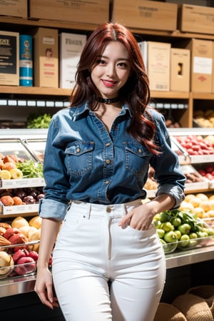 1girl, masterpiece, best quality, ultra-detailed, ultra high res, (photorealistic:1.4), raw photo, (realistic:0.2), 8k HDR, standing, food aisles, market, facing front, smiling, proportional eyes, cowboy_shot, 18+, perfect, (from front), looking_at_camera, front, huge_breasts, thick thighs, wavy_hair, ((red_hair)), bright red hair, choker, pink_lipstick, white_shirt, collared_shirt, blue_jeans, ITZY Yuna